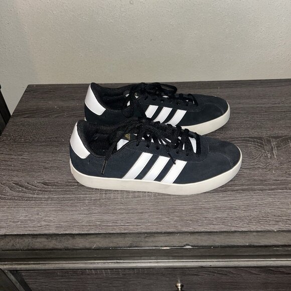 adidas VL Court 3.0 Black Suede 3 White Striped Low Top Sneakers Womens Size 8.5 - Picture 2 of 7